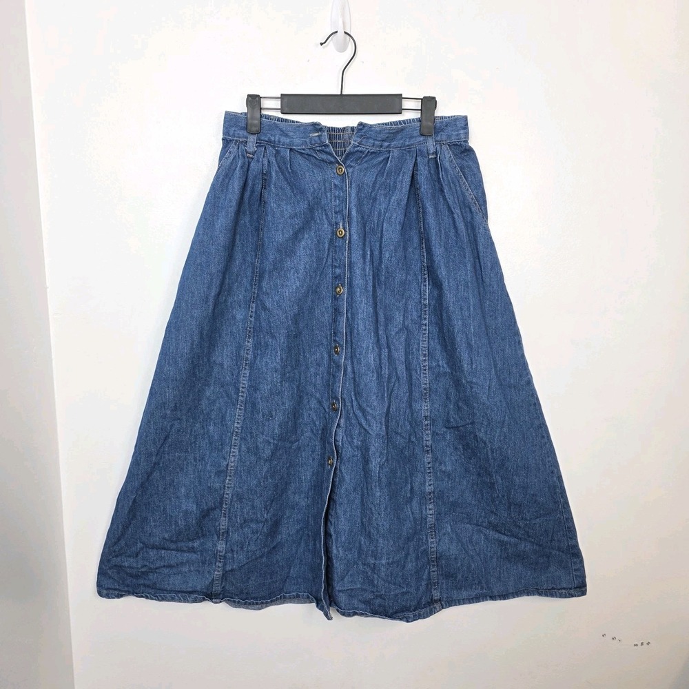 VTG Stampede Medium Wash Denim Button Up A-Line Elastic Waist Midi Skirt Size 26